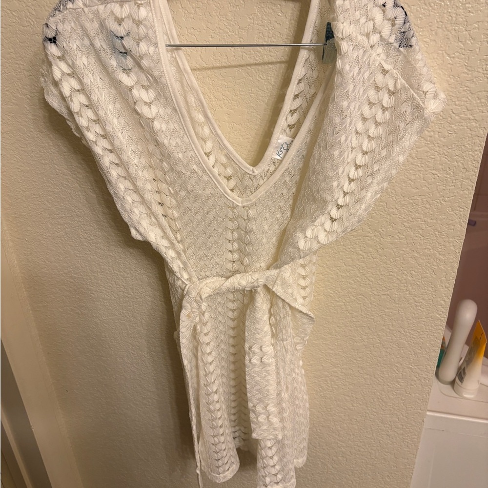 White Knit Cover-Up with Belt